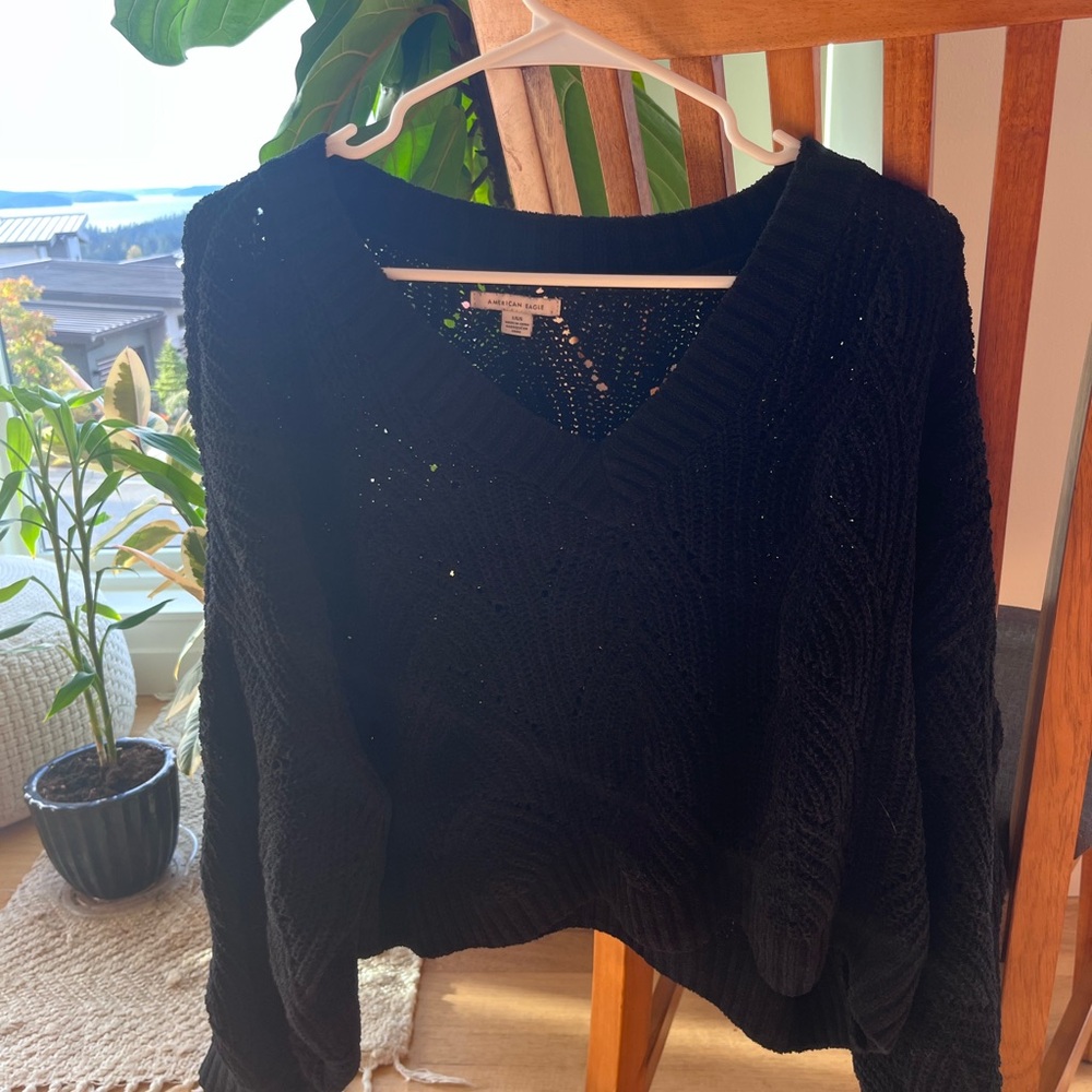 Black American Eagle V-Neck Sweater for Women